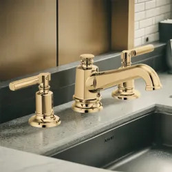 Click here to see Brizo 65378LF-PGLHP Brizo Invari Two-Handle Widespread Brilliance Polished Gold Bathroom Faucet with Pop-Up, 1.5 GPM, Three-Hole, Less Handles - 65378LF-PGLHP
