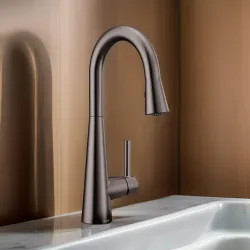 Click here to see Moen 7664BLS Moen Sleek Single Handle Pull-Down Bar/Prep Faucet, Black Stainless - 7664BLS