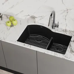 Click here to see Elkay ELGHU3322RBK0C Elkay Quartz Classic Black 33in x 22in x10in Undermount with Rear Center Drain, Double Bowl Aqua Divide Sink with Bottom Grids, Drains, and Cleaning Kit - ELGHU3322RBK0C