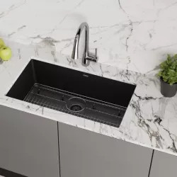 Click here to see Elkay ELGRU13322BK0C Elkay Quartz Classic Black 33in x 19in Undermount Single Bowl Kitchen Sink Kit with Rear Center Drain, Bottom Grid, Strainer, and Cleaning Kit - ELGRU13322BK0C