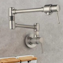 Click here to see Brizo 62820LF-SS Brizo Two-Handle Wall-Mount Pot Filler with Dual-Jointed Swing Spout, 4 GPM, Brilliance Stainless - 62820LF-SS