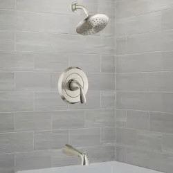 Click here to see American Standard TU186502.295 American Standard Fluent 2.5GPM Brushed Nickel Tub and Shower Trim Kit with Showerhead, Double Ceramic Pressure Balance Cartridge, Single Lever Handle - TU186502.295
