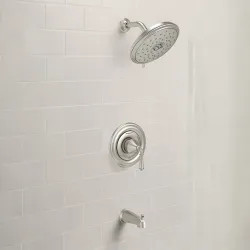 Click here to see American Standard TU420502.295 American Standard Portsmouth Brushed Nickel Tub and Shower Trim Kit with Water-Saving Showerhead, Double Ceramic Pressure Balance Cartridge, Single Lever Handle, 1.8GPM - TU420502.295