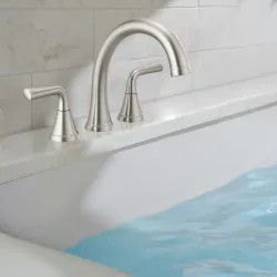 Click here to see Delta T2733-SS Delta Kayra Two-Handle Roman Tub Faucet Trim, High-Arc Spout, Lever Handles, ADA-Compliant, Stainless - T2733-SS