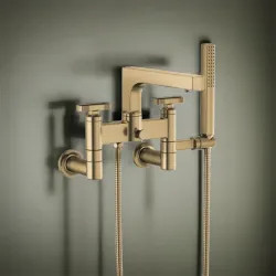 Click here to see Brizo T70308-GL Brizo Kintsu Two-Handle Tub Filler Trim Kit w/ Knob Handles, Single-Function Handshower, Multi-Mount, Brilliance Luxe Gold - T70308-GL
