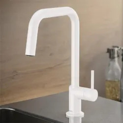 Click here to see Brizo 63065LF-MWLHP Brizo jason Wu Single Handle Pull-Down Kitchen Faucet with Square Swivel Spout, MagneDock, DIAMOND Seal, Two Function, 1.8 GPM, Matte White - 63065LF-MWLHP