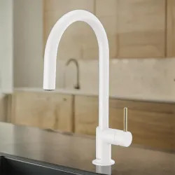 Click here to see Brizo 63075LF-MWLHP Brizo Jason Wu Single Handle Pull-Down Kitchen Faucet with Swivel Spout, MagneDock, DIAMOND Seal, Two Function, 1.8 GPM, Matte White - 63075LF-MWLHP