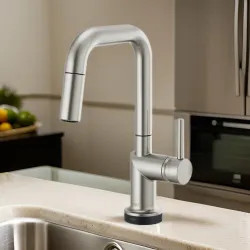 Click here to see Brizo 64965LF-SSLHP Brizo Odin SmartTouch Pull-Down Prep Kitchen Faucet with Square Spout, Diamond Seal Technology, MagneDock Magnetic Docking, Touch-Clean, 1.8 GPM, Brilliance Stainless - 64965LF-SSLHP