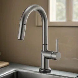 Click here to see Brizo 64975LF-SLLHP Brizo Odin SmartTouch Pull-Down Bar/Prep Faucet with Arc Spout, Diamond Seal, MagneDock, Touch-Clean, 1.8 GPM, Brilliance Luxe Steel - 64975LF-SLLHP