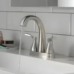 Click here to see Delta 25775-MPU-DST Delta Stryke High-Arc Centerset Lavatory Faucet With Metal Pop-Up, Two-Handle, DIAMOND Seal, Lever Handles, 1.2 GPM, Chrome - 25775-MPU-DST