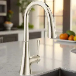Click here to see Moen 9126EVNL Moen Kurv Smart Single-Handle High Arc Pulldown Kitchen Faucet w/ Voice Activation, 1.5 GPM, Polished Nickel - 9126EVNL