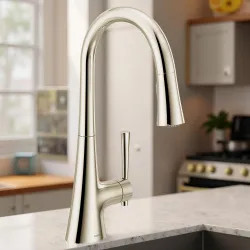 Click here to see Moen 9126NL Moen Kurv Single-Handle High Arc Pull-Down Kitchen Faucet w/ Power Boost, 1.5 GPM, Polished Nickel - 9126NL