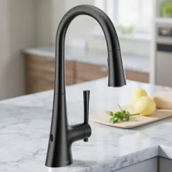 Click here to see Moen 9126EWBL Moen Kurv Single-Handle High Arc Pulldown Touchless Kitchen Faucet w/ MotionSense Wave, 1.5 GPM, Matte Black - 9126EWBL
