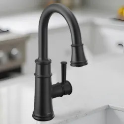 Click here to see Moen 6260BL Moen Belfield Single-Handle High Arc Pull-Down Bar/Prep Faucet, 1.5 GPM, Matte Black - 6260BL