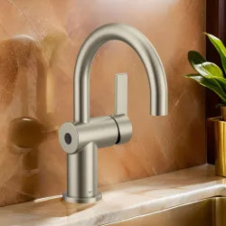 Click here to see Moen 6221EWBN Moen Cia One-Handle High Arc Brushed Nickel Bathroom Faucet with Metal Spring Loaded Pop-Up, MotionSense Wave, Duralock, 1.2 GPM, Lever Handle, LifeShine - 6221EWBN