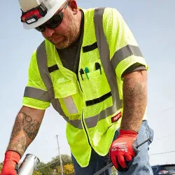 Click here to see Milwaukee 48-73-5131 Milwaukee S/M High Visibility Yellow Mesh Safety Vest with 9 Pockets and Sleeves, Class 3 Type R - 48-73-5131
