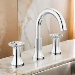 Click here to see Delta 3558-MPU-DST Delta Trinsic Two-Handle Widespread Deck Mount Chrome Bathroom Faucet, 1.2 GPM, Wheel Handle, Diamond Seal Technology, Metal Pop-Up - 3558-MPU-DST