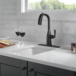 Click here to see Delta 9976-BL-DST Delta Stryke 10/30/2023 One-Handle Pull-Down Matte Black Kitchen Faucet, 1.8 GPM, Lever Handle, Diamond Seal Technology, ADA - 9976-BL-DST