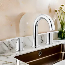Click here to see Peerless P3512LF Peerless Flute Widespread Bathroom Faucet with 50/50 Pop-Up Drain, Two-Handle, 1.0 GPM, Lever Handle, ADA, WaterSense, Chrome - P3512LF
