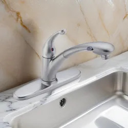 Click here to see Delta 470-ARWE-DST Delta Signature Single Handle Pull-Out Kitchen Faucet, Water Efficient, Arctic Stainless - 470-ARWE-DST