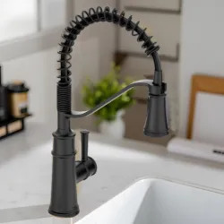 Click here to see Moen 5927BL Moen Belfield Single-Handle High Arc Pre-Rinse Spring Pulldown Kitchen Faucet, 1.5 GPM, Matte Black - 5927BL