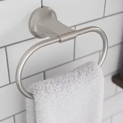 Click here to see Pfister BRB-PFM0GS Pfister Pfirst Series 6in Spot Defense Wall Mounted Towel Ring with Mounting Hardware, All Metal Construction, Brushed Nickel - BRB-PFM0GS