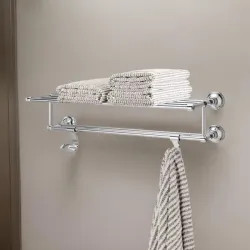 Click here to see Pfister BTR-TB2C Pfister Tisbury 24in Towel Rack with Two Hanging Hooks, Premium Metal, Concealed Screw Installation, Polished Chrome - BTR-TB2C