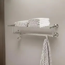 Click here to see Pfister BTR-TB2D Pfister Tisbury 24in Towel Rack with Two Hanging Hooks, Premium Metal, Concealed Screw Installation, Polished Nickel - BTR-TB2D