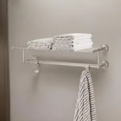 Click here to see Pfister BTR-TB2K Pfister Tisbury 24in Towel Rack with Two Hanging Hooks, Premium Metal, Concealed Screw Installation, Brushed Nickel - BTR-TB2K