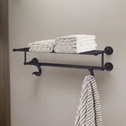 Click here to see Pfister BTR-TB2Y Pfister Tisbury 24in Towel Rack with Two Hanging Hooks, Premium Metal, Concealed Screw Installation, Tuscan Bronze - BTR-TB2Y