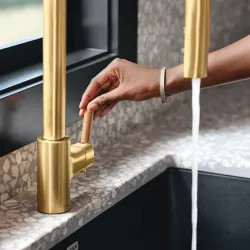 Click here to see Moen S74001BG Moen Tenon Brushed Gold Single Handle Pull-Down Kitchen Faucet with Four Functions, DuraLock, Swivel Spout, ADA, 1.5 GPM - S74001BG