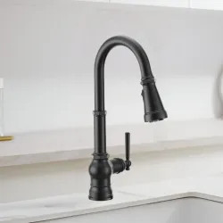 Click here to see Moen FS72003BL Moen Paterson Matte Black Single-Handle High-Arc Pulldown Kitchen Faucet with 4-Water Filter Function Spray Wand, WaterSense, PowerClean, ADA-Compliant, 1.5 GPM - FS72003BL