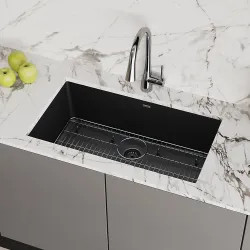 Click here to see Elkay ELGRU13022BK0C Elkay Quartz Classic Black 30in x 19in x 10in Undermount with Rear Center Drain, Undermount Sink with Bottom Grids, Drains, and Cleaning Kit - ELGRU13022BK0C