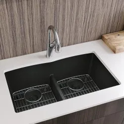 Click here to see Elkay ELGU3322MB0C Elkay Quartz Classic Matte Black Equal Double-Bowl Undermount Sink Kit, 33