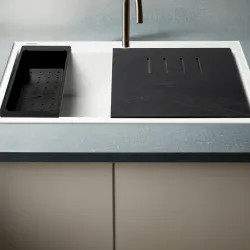 Click here to see Alfi AB3418SBDI-W ALFI White Granite Composite Workstation, 33in Drop In With Center Drain, Step Rim Single Bowl Drop In Sink With Cutting Board, Colander, and Roll Mat - AB3418SBDI-W