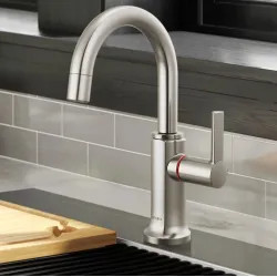 Click here to see Brizo 61306LF-H-SS-L Brizo Kintsu Single-Handle Instant Hot Faucet with Arc Spout, Self Closing Handle, 1.0 GPM, Lumicoat Stainless - 61306LF-H-SS-L