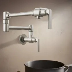 Click here to see Brizo 62806LF-SS-L Brizo Kintsu Two-Handle Pot Filler with Lever Handles, Wall Mount, Brass, 4 GPM, Lumicoat Stainless Steel - 62806LF-SS-L