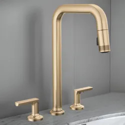 Click here to see Brizo 62507LF-GLLHP-L Brizo Kintsu Two-Handle Widespread Pull-Down Kitchen Faucet w/ Square Spout, MagneDock, Less Handles, 1.8 GPM, Lumicoat Luxe Gold - 62507LF-GLLHP-L