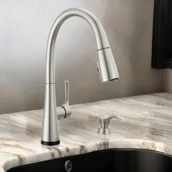 Click here to see Delta 19835TZ-SPSD-DST Delta Auburn Pull-Down Kitchen Faucet with Soap Dispenser, Single Handle, Diamond Seal, 1.8 GPM, Spotshield Stainless - 19835TZ-SPSD-DST