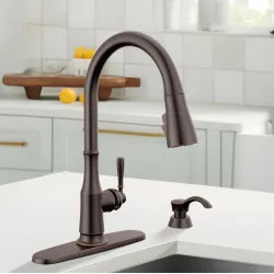 Click here to see Delta 19877Z-RBSD-DST Delta Capertee Single Handle Pull-Down Kitchen Faucet with Soap Dispenser, ShieldSpray, Diamond Seal, ADA, 1.8 GPM, Venetian Bronze - 19877Z-RBSD-DST