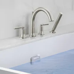 Click here to see Delta T4735-SS Delta Saylor Roman Tub Faucet Trim With 1.75 GPM Hand Shower, Low-Arc Spout, Two Lever Handles, ADA-Compliant, Stainless - T4735-SS