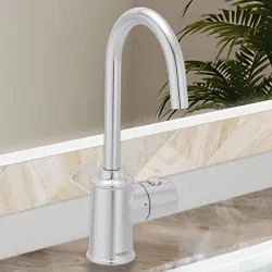 Click here to see Moen IH7600 Moen SIP Traditional Instant Hot Water Beverage Faucet, Single-Knob Handle with Push Button, High Arc, Open Vent, 1.5 GPM, Chrome - IH7600