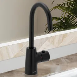 Click here to see Moen IH7620BL Moen SIP Transitional Instant Hot Water Beverage Faucet, Single-Knob Handle with Push Button, High Arc, Open Vent, 1.5 GPM, Matte Black - IH7620BL