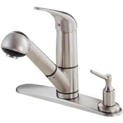 Click here to see Danze D455612SS Danze Melrose Single Handle Pull-Out Kitchen Faucet w/ Soap Dispenser in Deck Plate, Stainless Steel - D455612SS