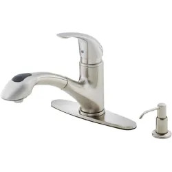 Click here to see Danze D454612SS Danze Melrose Single Handle Pull-Out Kitchen Faucet w/ Soap Dispenser, Stainless Steel - D454612SS