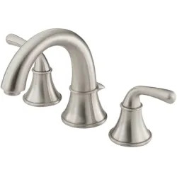 Click here to see Danze D304056BN Danze Bannockburn Widespread Bathroom Faucet with Drain Assembly, Two-Handle, 1.5 GPM, Lever Handle, ADA, WaterSense, Brushed Nickel - D304056BN