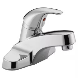 Click here to see Peerless P131LF Peerless Centerset Bathroom Faucet with Red/Blue Indicator, Standard Spout, Single-Handle, 1.0 GPM, Lever Handle, ADA, WaterSense, Chrome - P131LF