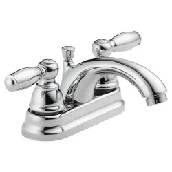 Click here to see Peerless P299675LF Peerless Claymore Low-Arc Centerset Bathroom Faucet with Pop-Up Drain, Teapot Spout, Two-Handle, 1.2 GPM, Lever Handle, ADA, WaterSense, Chrome - P299675LF