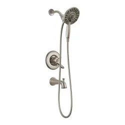 Click here to see Delta T17494-SS-I Delta Linden Monitor 17 Series Two-In-One In2ition Tub/Shower Faucet with Volume Control, Two-Handle, 1.75 GPM, Lever Handles, Stainless - T17494-SS-I