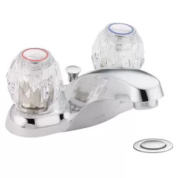 Click here to see Moen 64920 Moen Chateau Two-Handle Low Arc Chrome Centerset Bathroom Faucet with 50/50 Drain and Red/Blue Indicators, Clear Knob Handle, 1.2 GPM, Bulk Pack - 64920